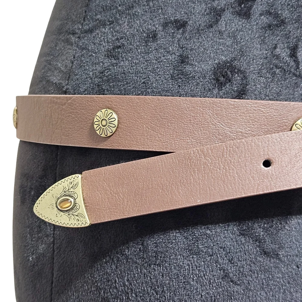 LP Blu Linea Pelle Brown Gold Western Belt Gold Buckle Cabochon Studs Classic